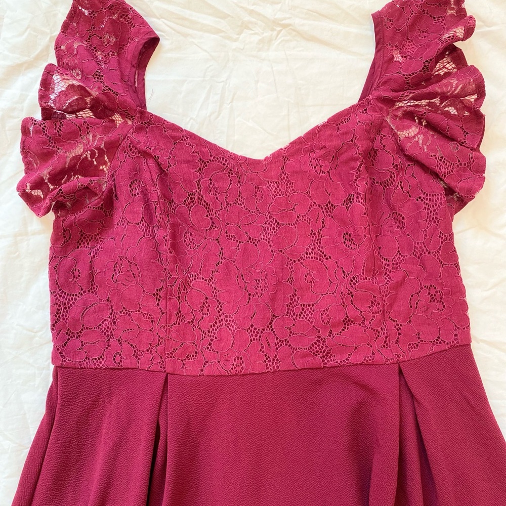 Wine Red A-Line Dress Lace Ruffle Sleeve, Women XL. - Picture 8 of 10